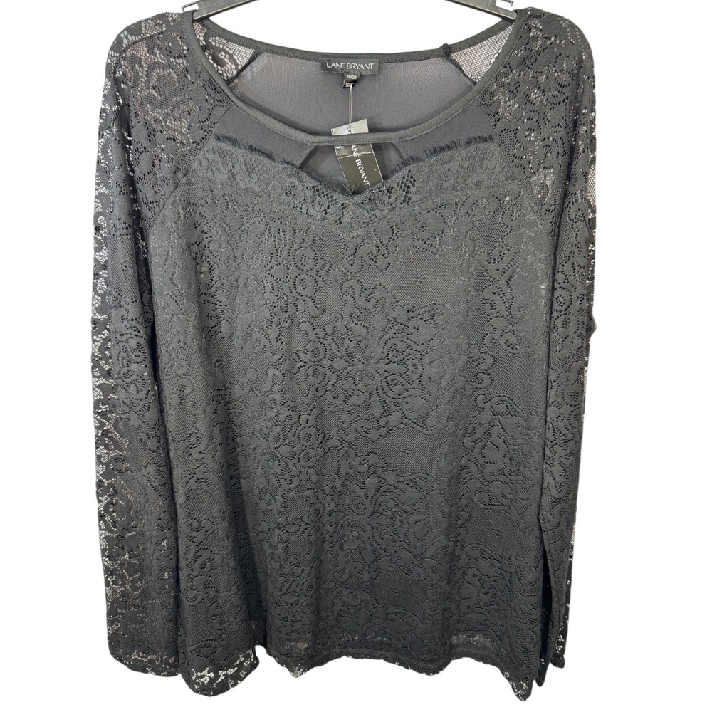 Lane Bryant Womens Plus 18/20 Black Floral Lace Cutout Long Sleeve Lined Blouse